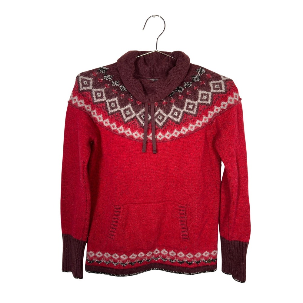 Eddie Bauer Red‎ Fair Isle Cowl Neck Knit Sweater Kangaroo Pocket Wool Blend S